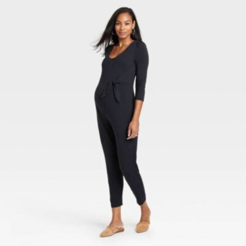 The NINES by HATCH black comfy one-piece front tie maternity skinny leg jumpsuit